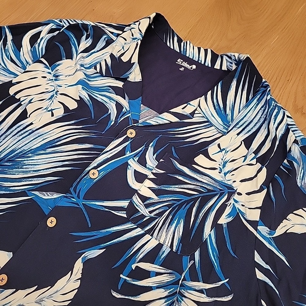 KS Island Hawaiian Shirt Mens 3XL Tropical Blue Palm Leaf Wood Buttons Big XXXL